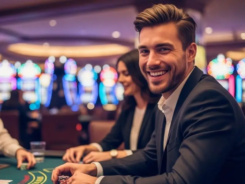 Man enjoying playing casino games with friends at Widus Hotel and Casino