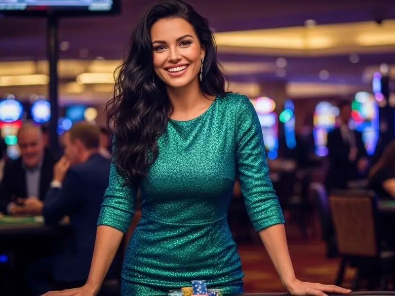 Smiling woman posing at a poker table inside Widus Hotel and Casino