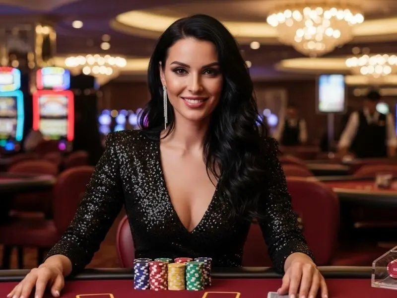 Smiling woman holding casino chips at a table inside Widus Hotel and Casino