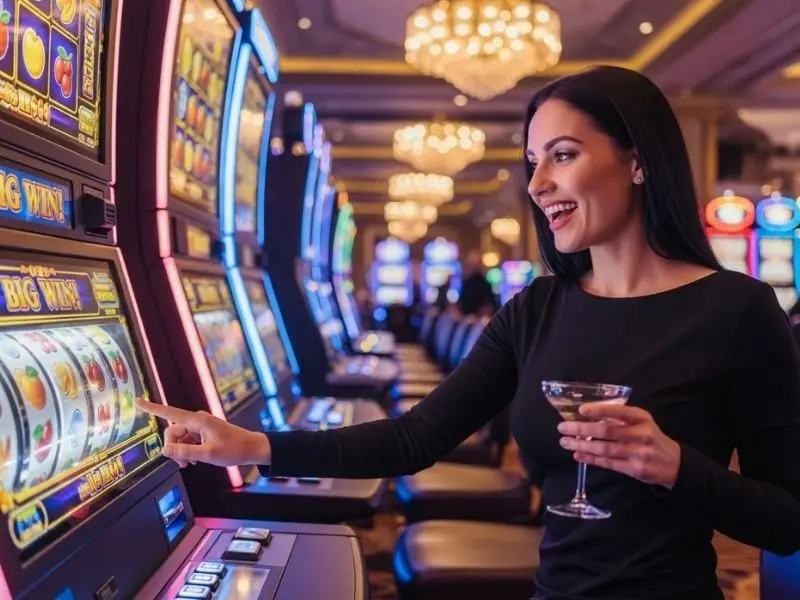 Woman enjoying playing slot machines inside Widus Hotel and Casino