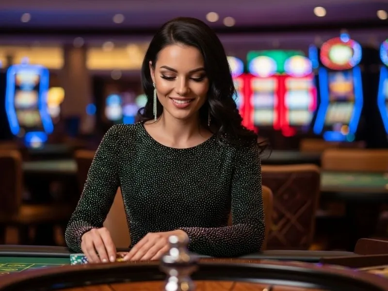 Woman smiling happily while playing at a roulette table inside a casino, enjoying the excitement of wowph casino