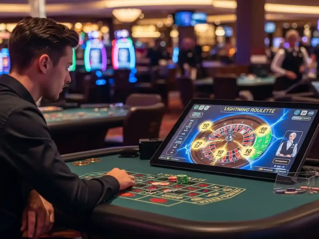 Casino guest placing chips on lightning roulette table at ph444 casino login.