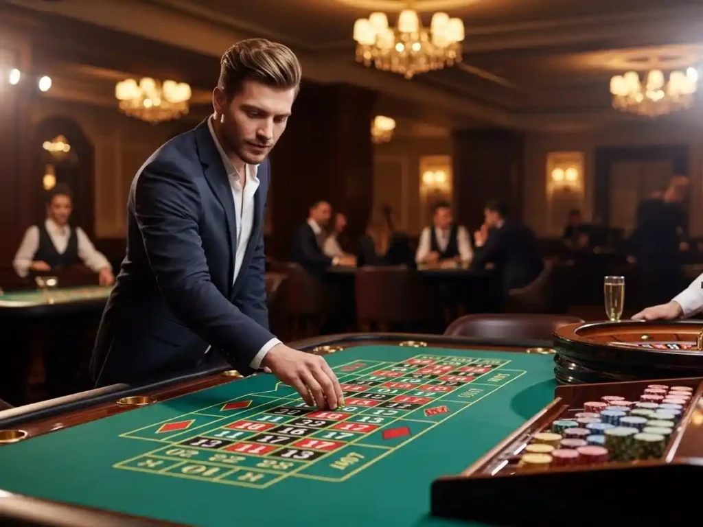 Happy gambler anticipating the winning number at a roulette table in playworld casino.