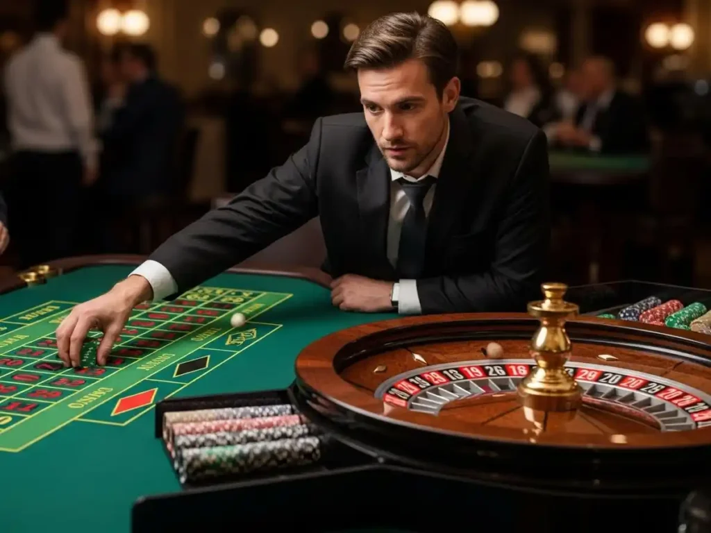 Casino player watching the roulette wheel spin while placing chips at playworld casino.