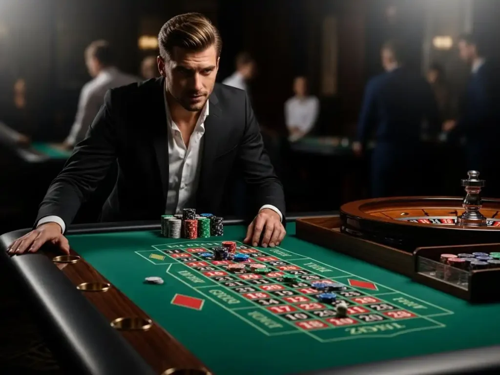 Person placing bets at a roulette table in playworld casino, watching the wheel spin with excitement.