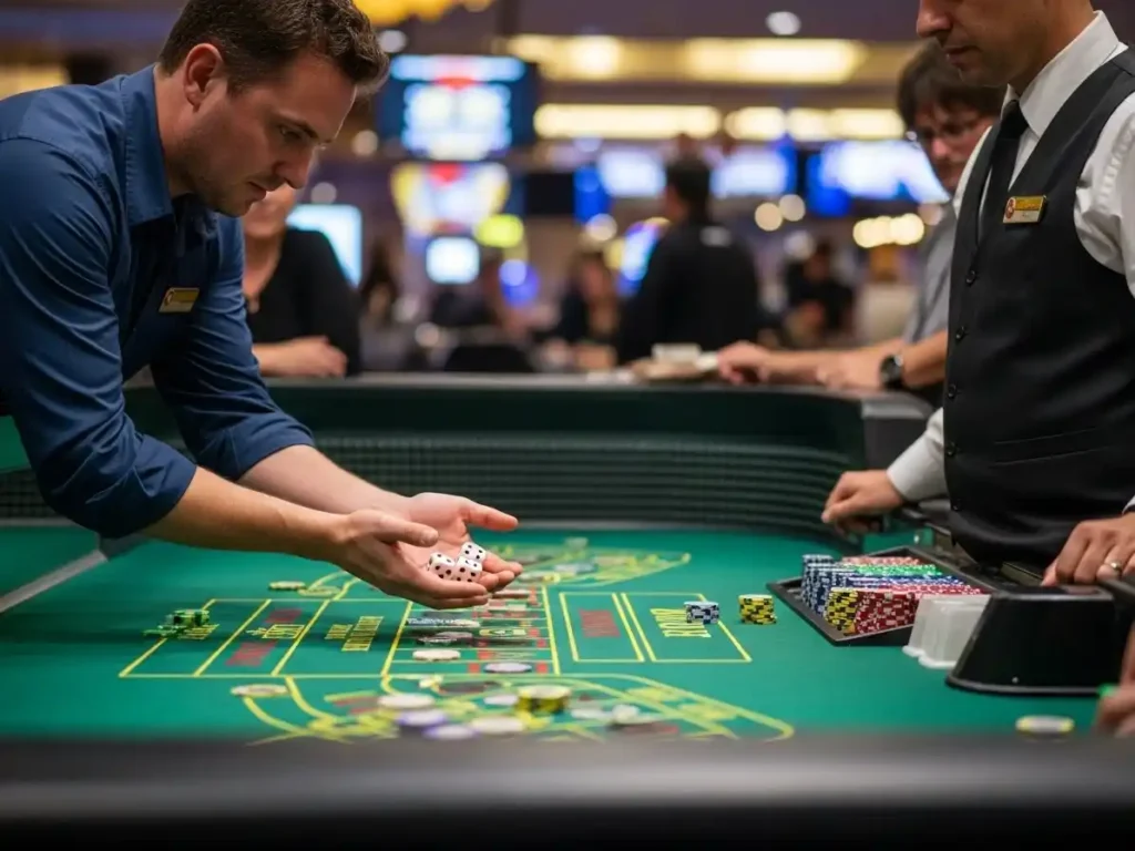 Person rolling dice at SM Casino craps table, enjoying the excitement of a live casino game.