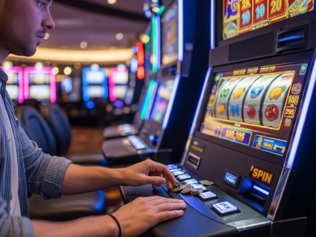 Gamer sitting at a slot machine inside ss777 casino, focused on spinning reels.