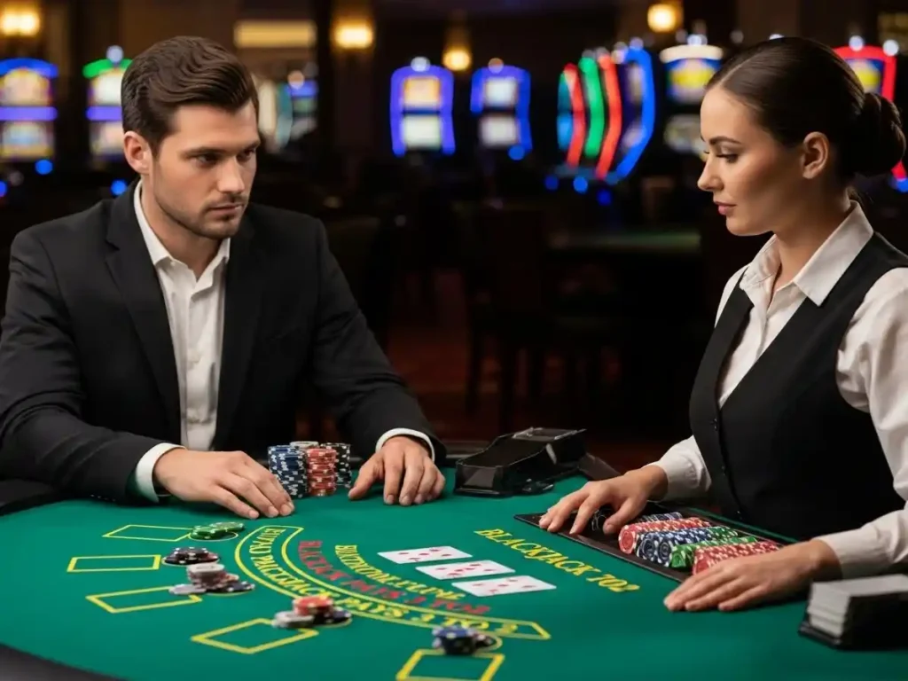 Excited player winning a round of baccarat at phjoin casino with chips stacked on the table.