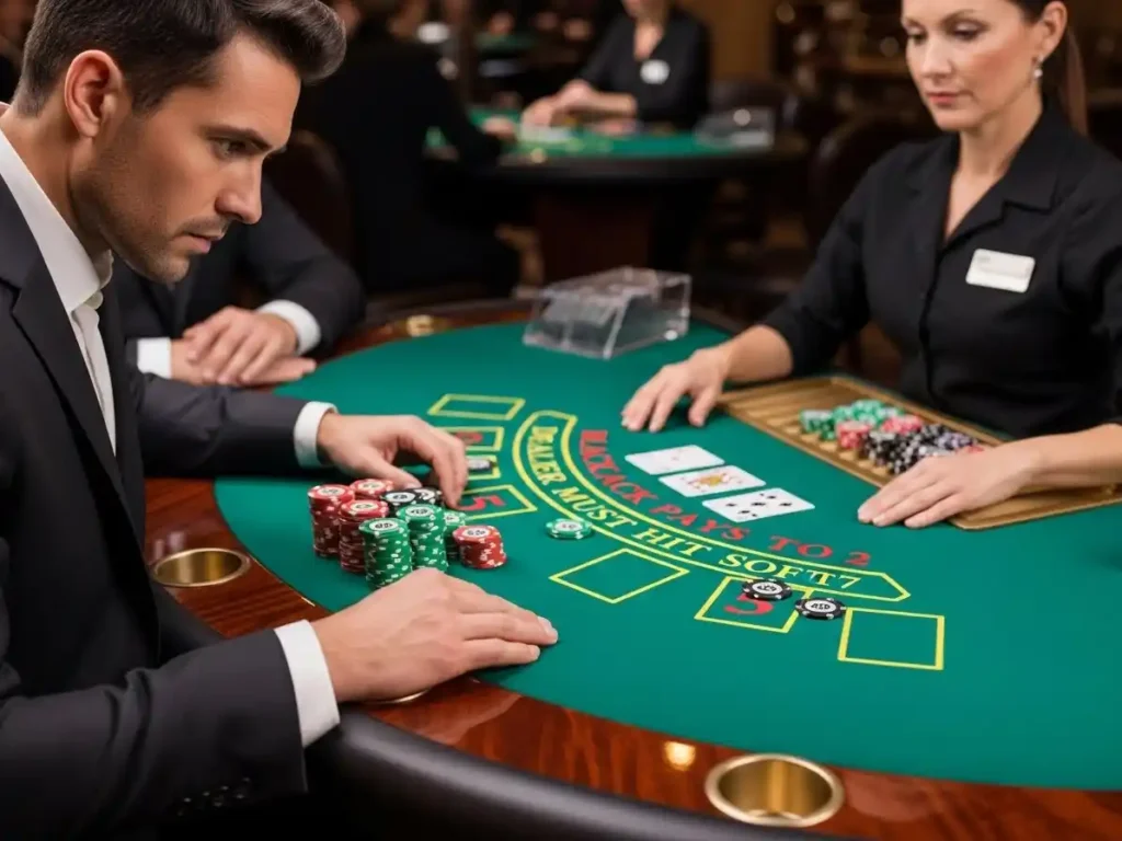 Casino player concentrating on their baccarat hand at phjoin casino table, surrounded by chips and cards.
