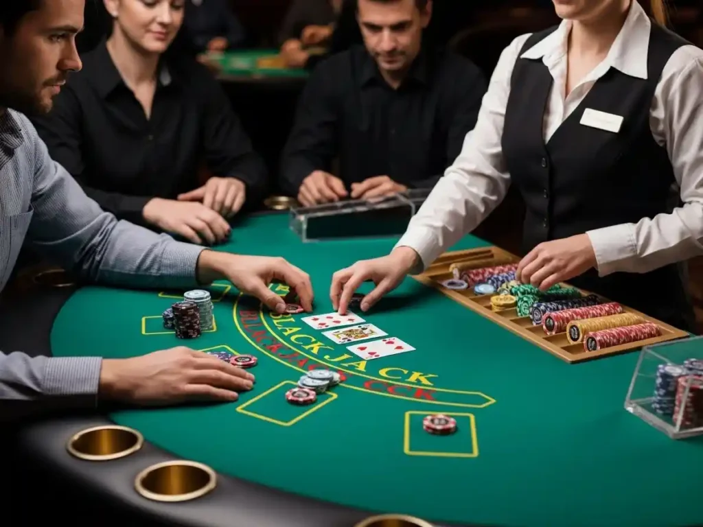 Focused player placing a bet on a baccarat table at phjoin casino with chips and cards in hand.