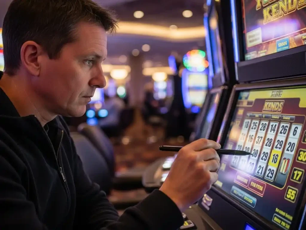 Casino visitor holding a keno ticket while watching the draw at casino español.