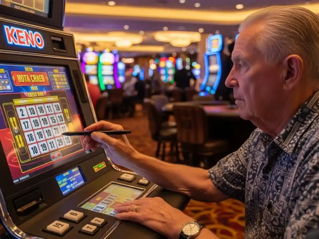Focused player checking numbers while playing keno at casino español table.