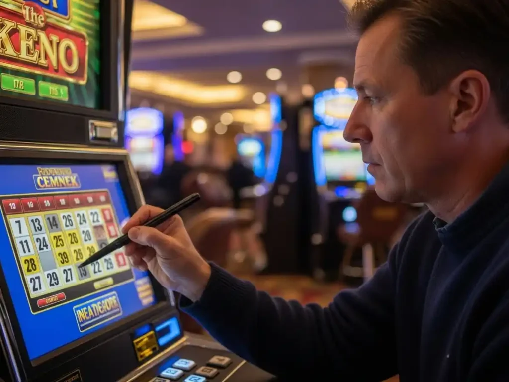 Person playing keno at casino español, marking numbers on a keno card inside a lively casino setting.