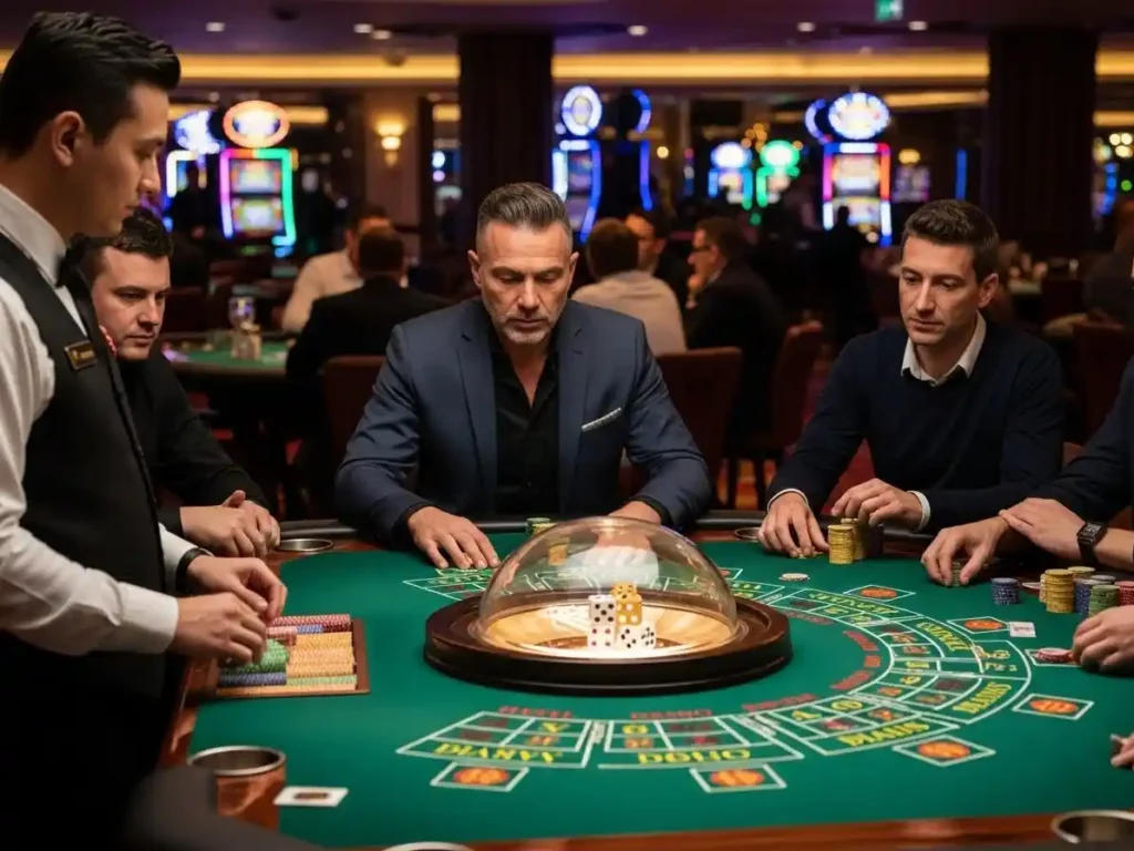 Focused casino player betting on Sic Bo dice game at clark casino.