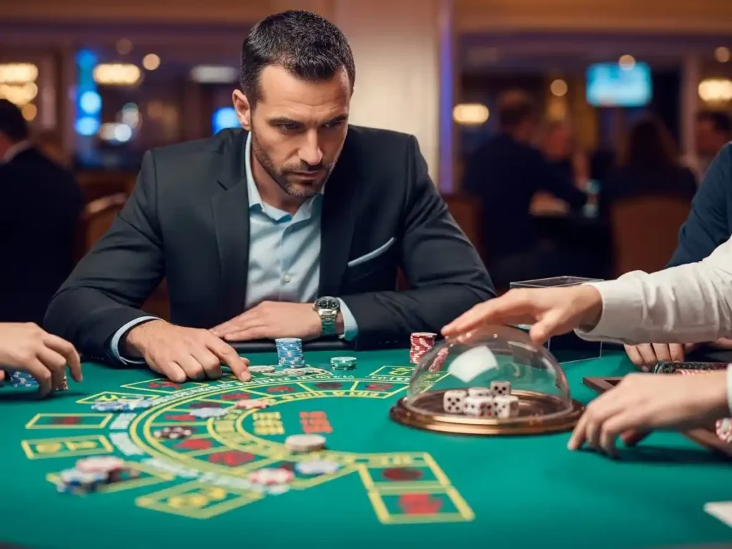 Person playing Sic Bo at clark casino, placing bets on a Sic Bo table with dice and chips in view.