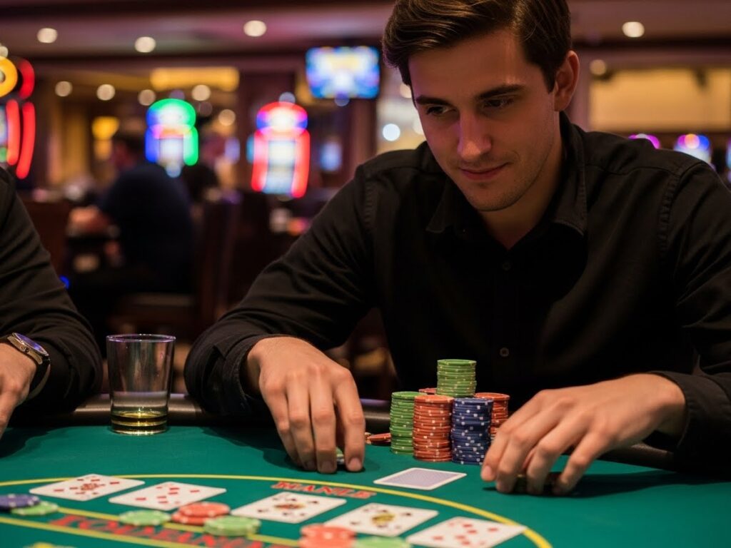 Person playing casino poker at aaa casino, holding cards and arranging poker chips on a felt table.