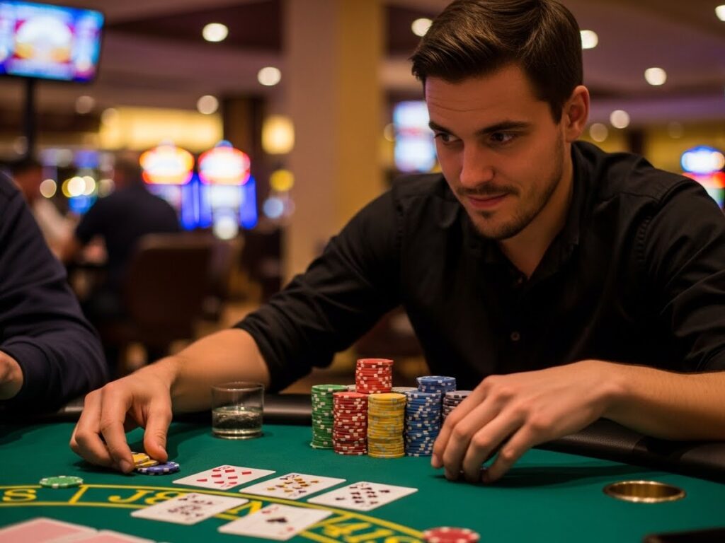 Focused poker player concentrating on their hand during a live game at aaa casino.