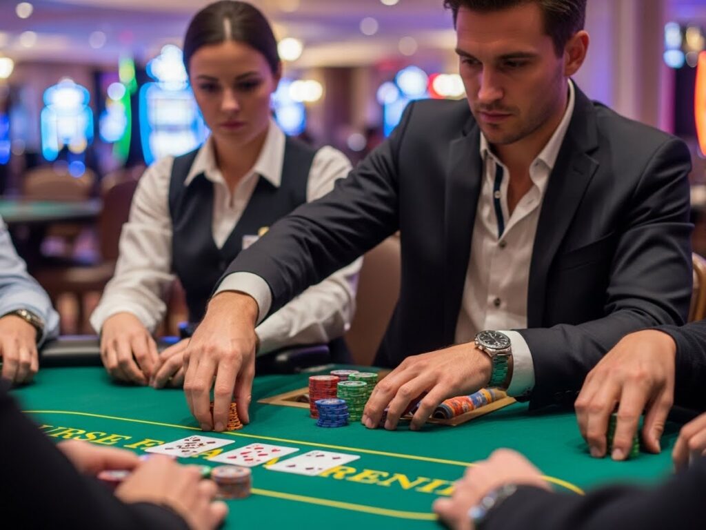 Casino guest placing poker chips while playing poker at aaa casino table.