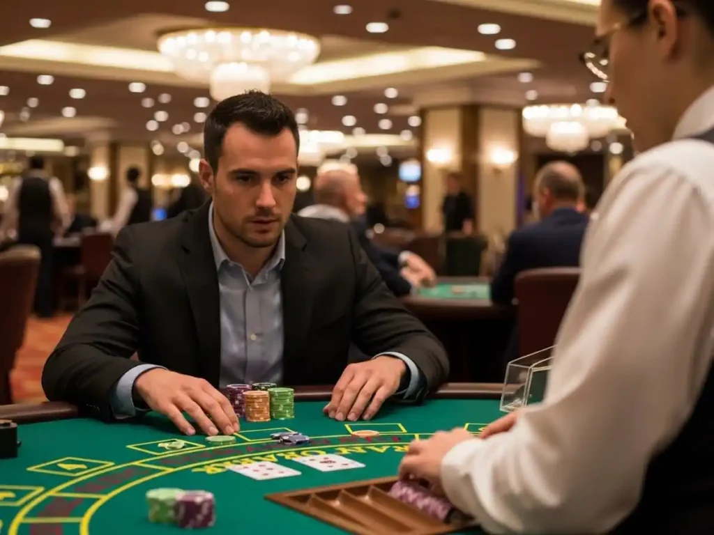 Player placing a bet during a tense Casino War game at aaa casino, watching the dealer reveal cards.