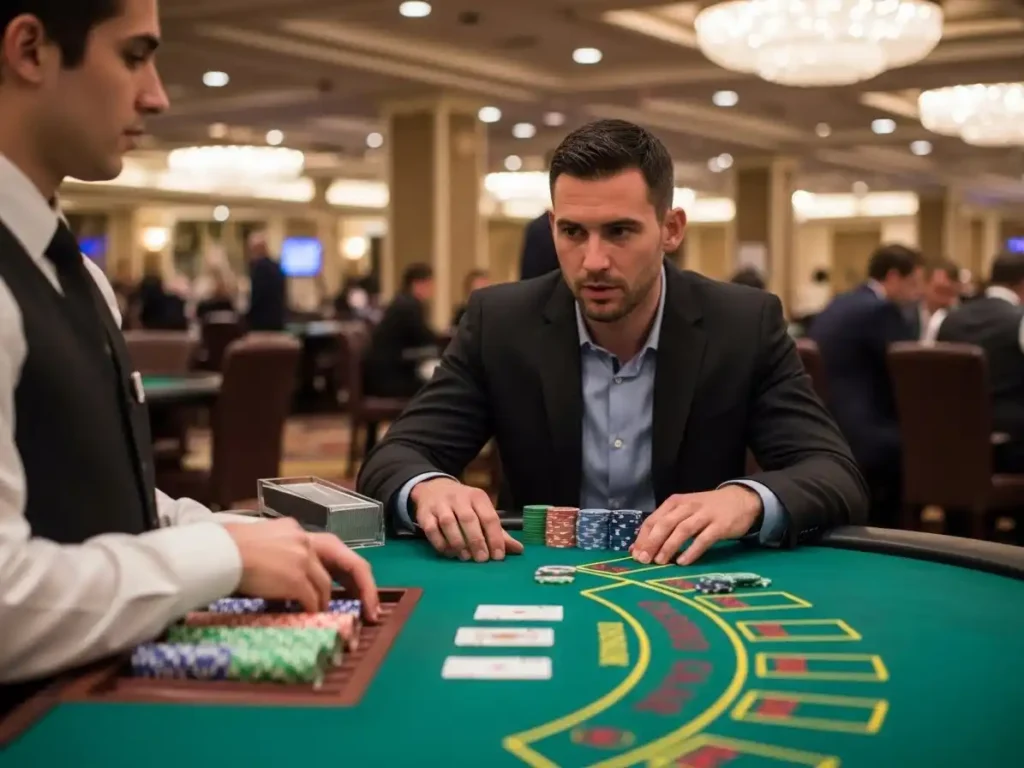 Focused casino player participating in a round of Casino War at aaa casino, with chips and cards on the table.