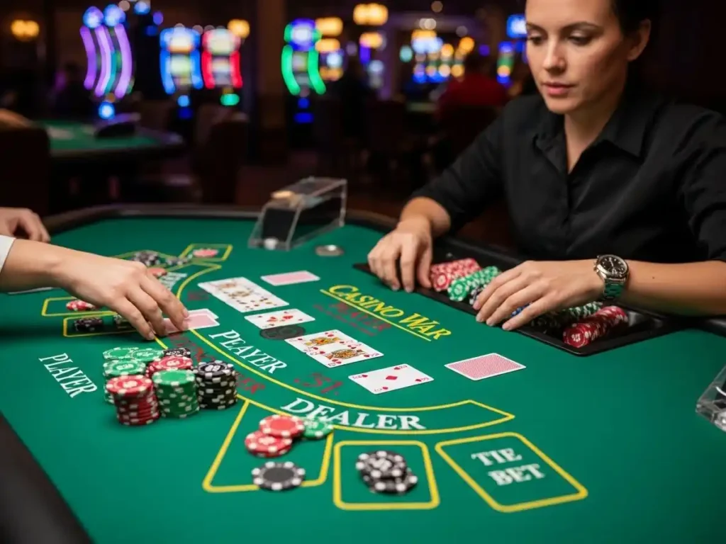Person playing Casino War at aaa casino, placing bets on a lively gaming table with cards in hand.