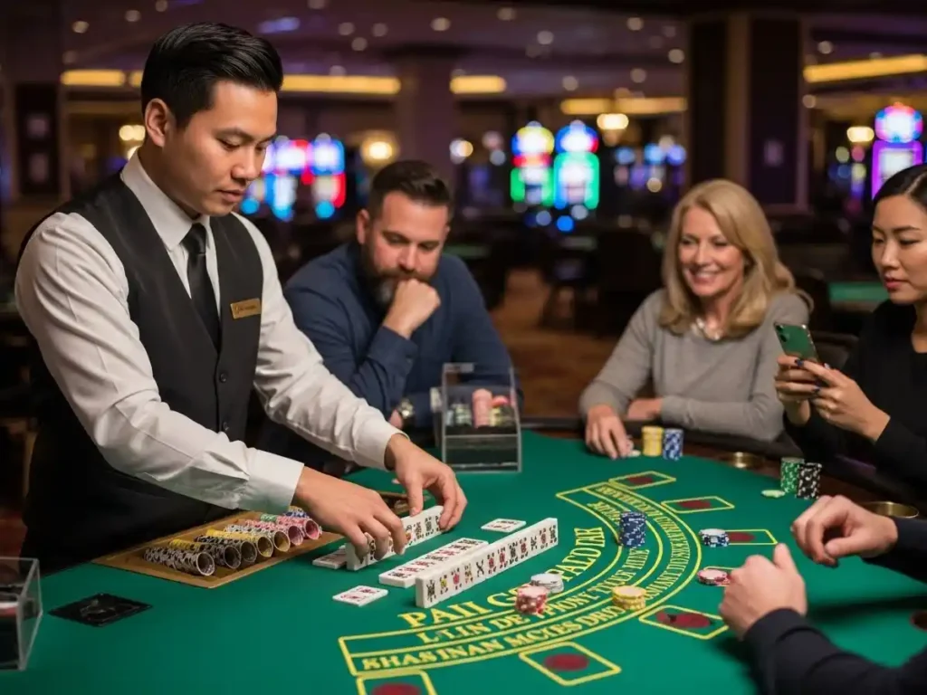 Casino player setting cards on the Pai Gow Poker table at aaa casino during gameplay.