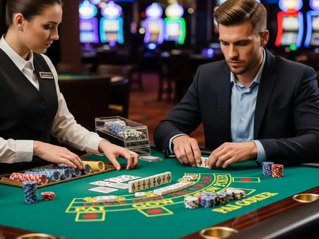 Focused casino guest playing Pai Gow Poker at aaa casino with cards and chips in hand.