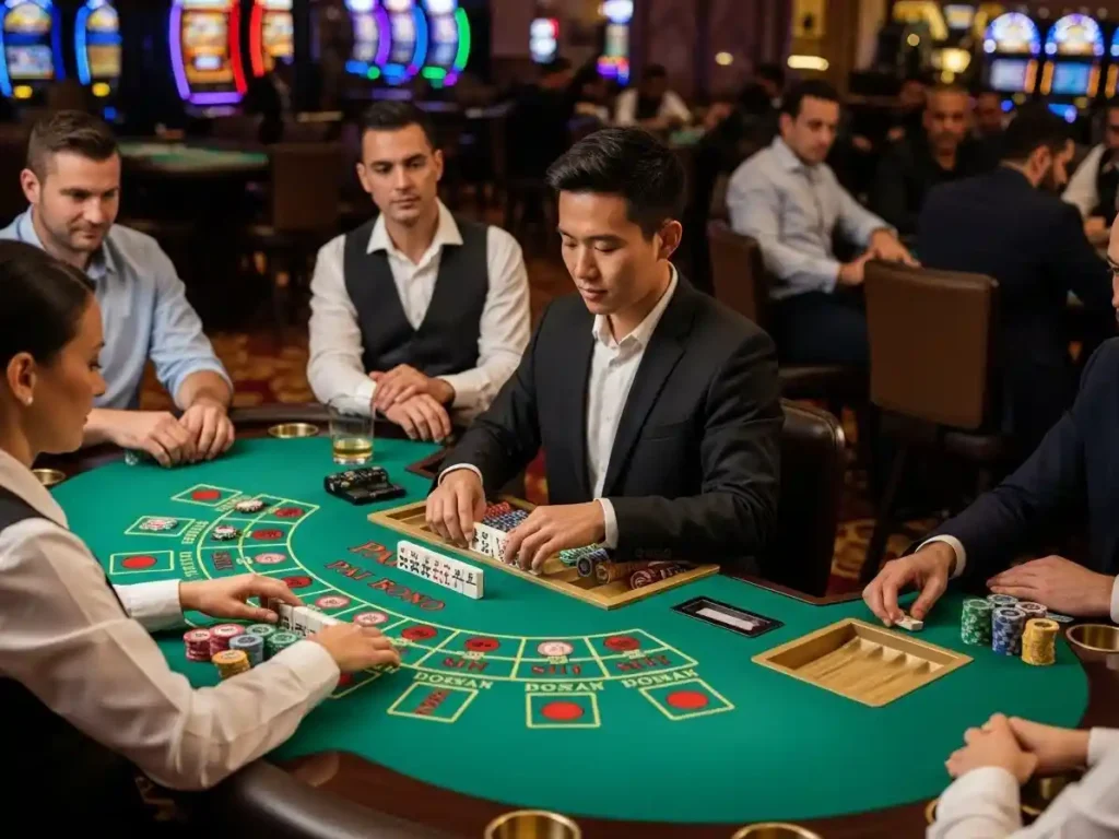 Person playing Pai Gow Poker at aaa casino, arranging cards and betting chips on a casino table.