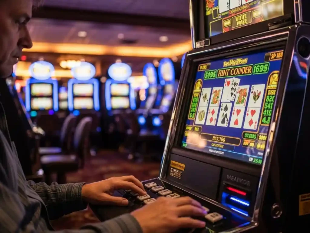 Focused player winning on a video poker game at galaxy88 casino with colorful screen lights.