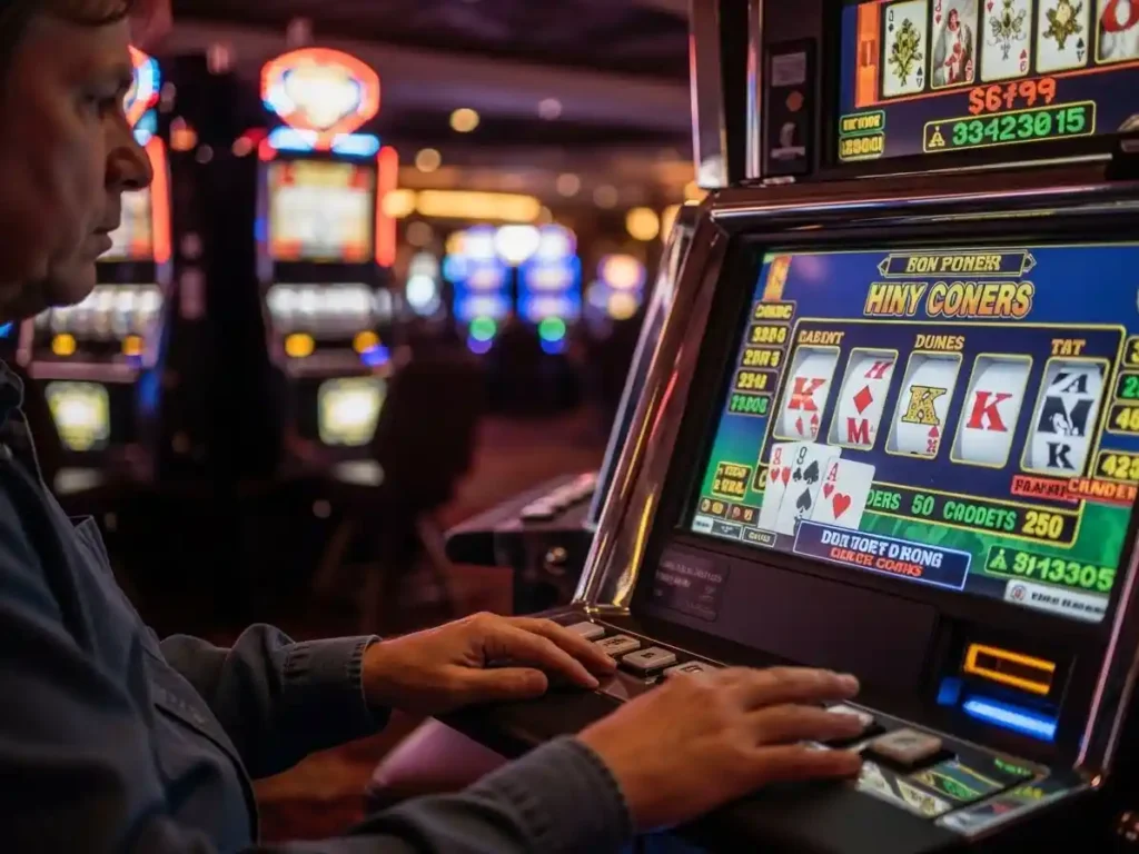 Casino guest pressing buttons on a video poker machine at galaxy88 casino.