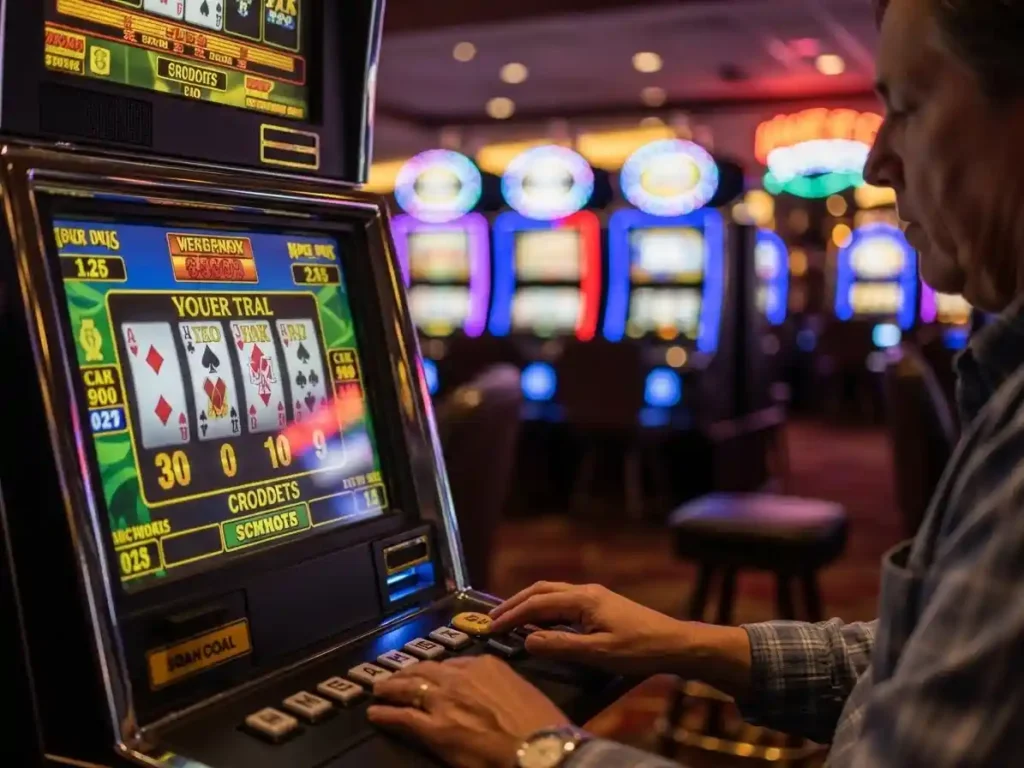 Person playing video poker at galaxy88 casino, concentrating on the screen while holding virtual cards.