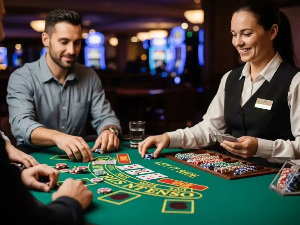 Person playing casino games after galaxy88 casino com register, enjoying cards and chips at a lively gaming table.