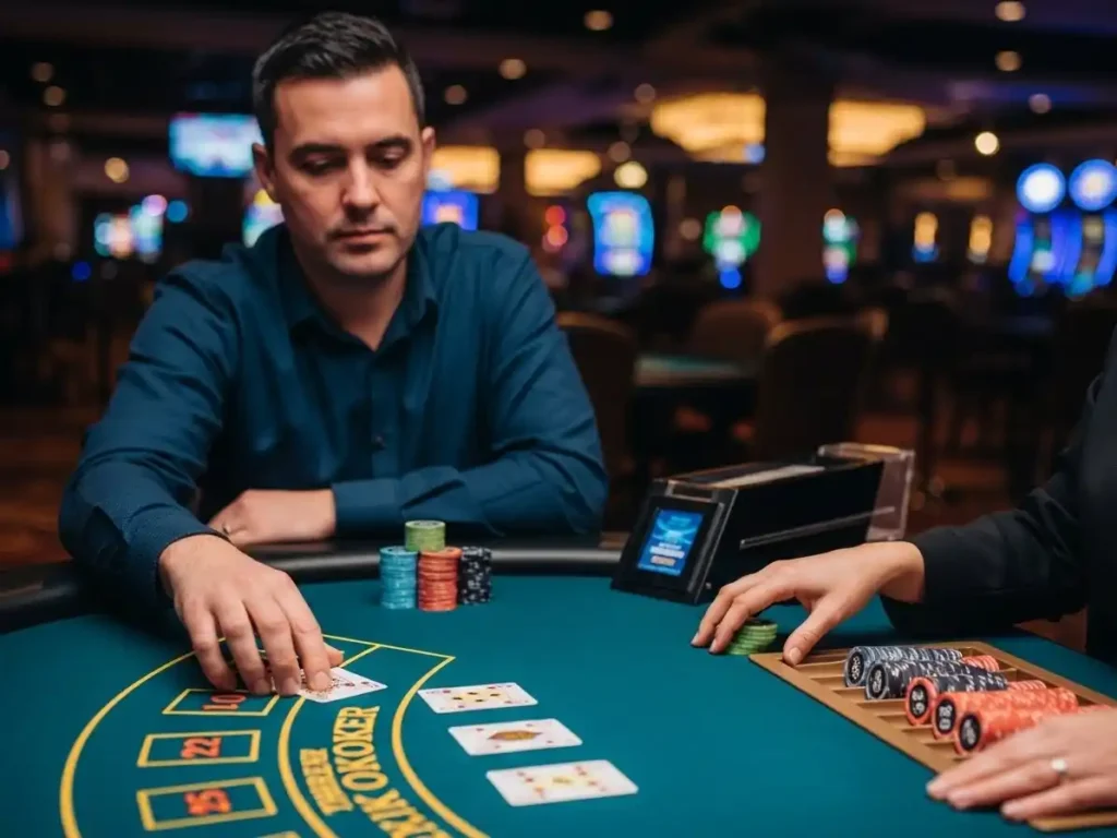 Player placing bets on a Three Card Poker table at iq 777 casino login during an intense game round.