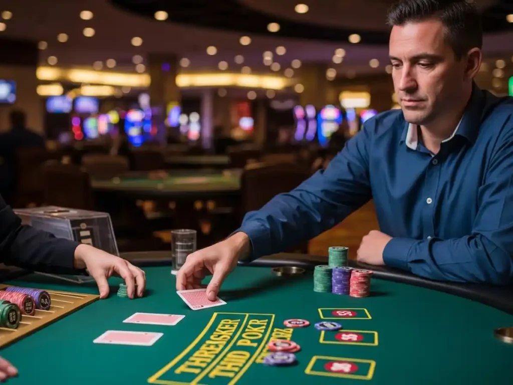 Focused casino guest playing Three Card Poker at iq 777 casino login with chips on the table.