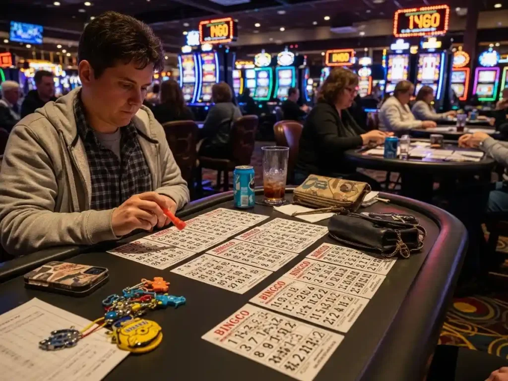 Casino guest holding a bingo card while playing at 55x.com casino.