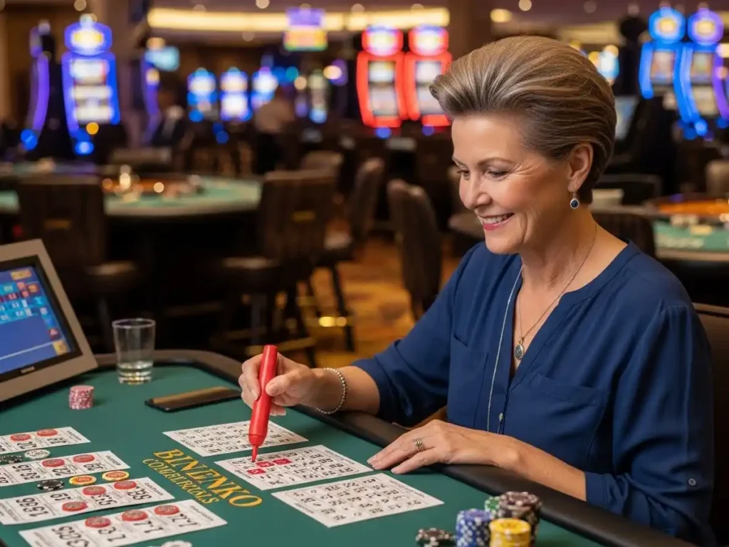 Person playing casino bingo at 55x.com casino, marking numbers on a bingo card in an engaging gaming environment.