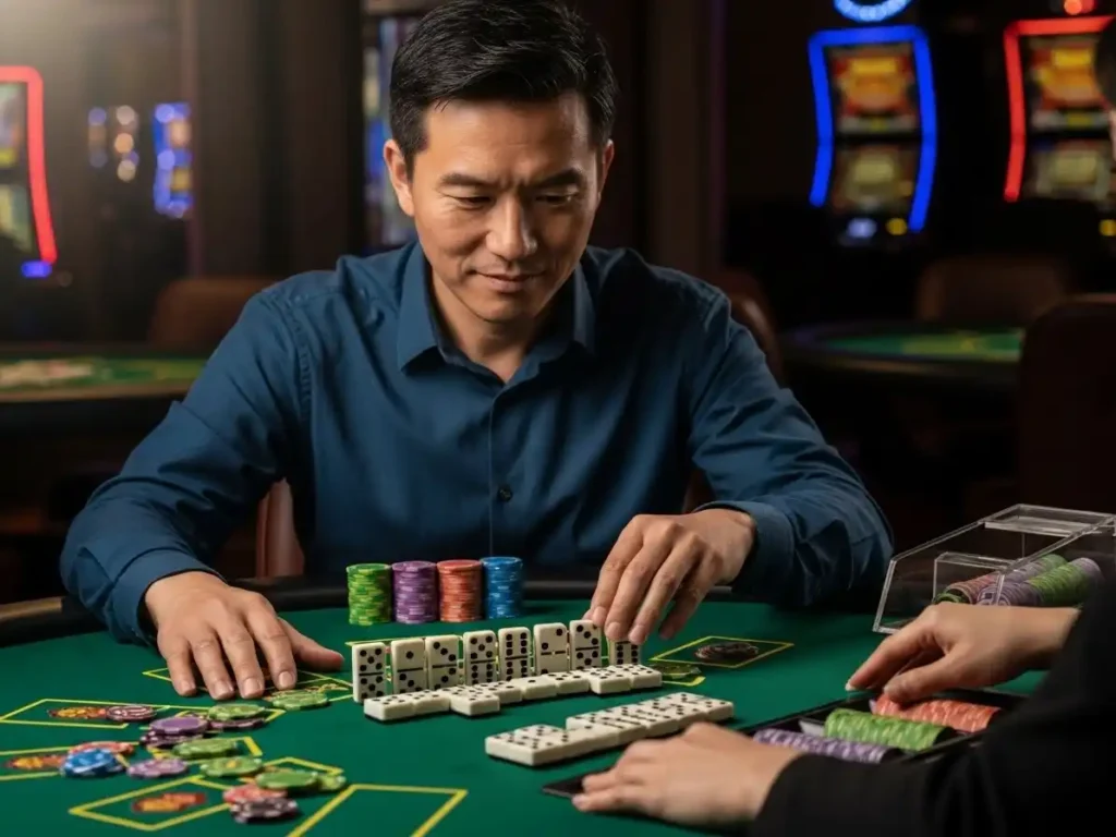 Casino domino player placing a tile during an active game at 55x.com casino table.