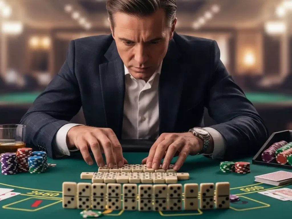 Focused casino player enjoying a domino game at 55x.com casino with neatly arranged tiles.