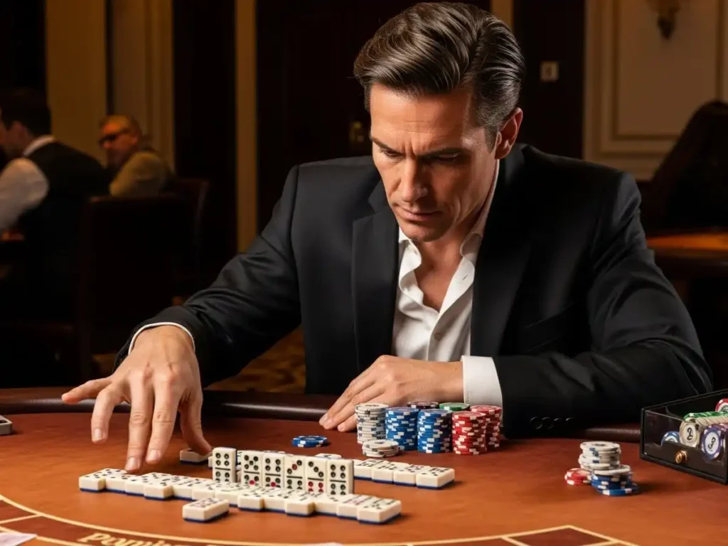 Person playing casino domino at 55x.com casino, arranging domino tiles on a professional gaming table.