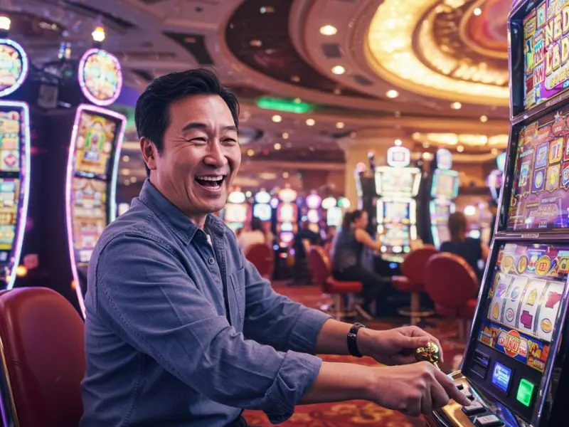 Man happily playing a slot game at AU777 Online Casino.