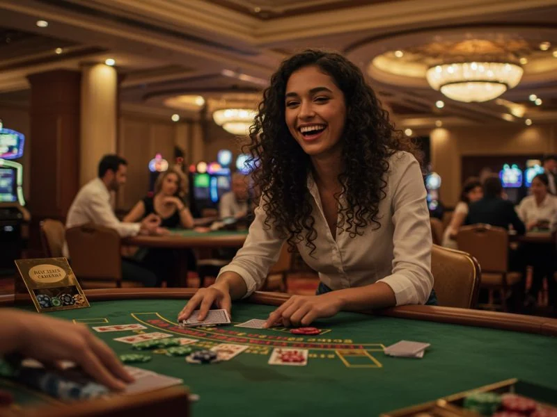 Woman happily playing cards at AU777 Online Casino.
