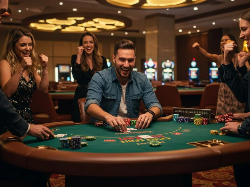 Happy friends cheering for the only boy in their group at Casino Frenzy.