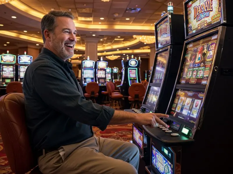 Happy man raises his hand in excitement after winning a slot jackpot at JB Casino.