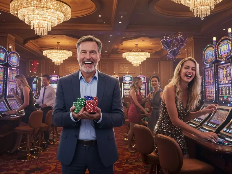 Happy man gleefully holding his winning chips at ME777 Online Casino.