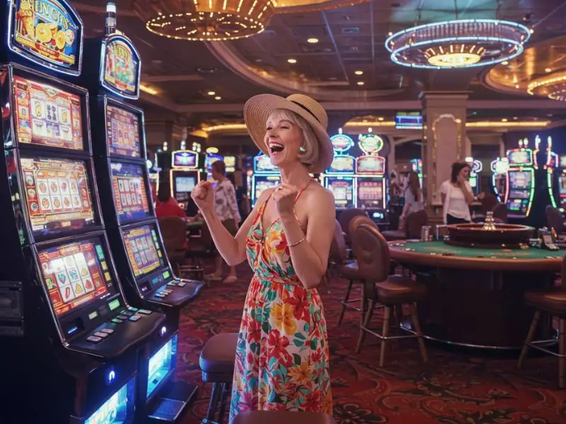 Happy woman gleefully cheering while playing a slot game at ME777 Online Casino.