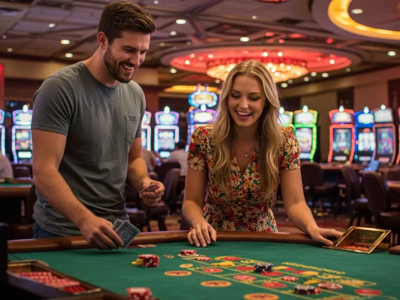 Happy couple cheering during an intense poker round at Networld Hotel Spa and Casino.
