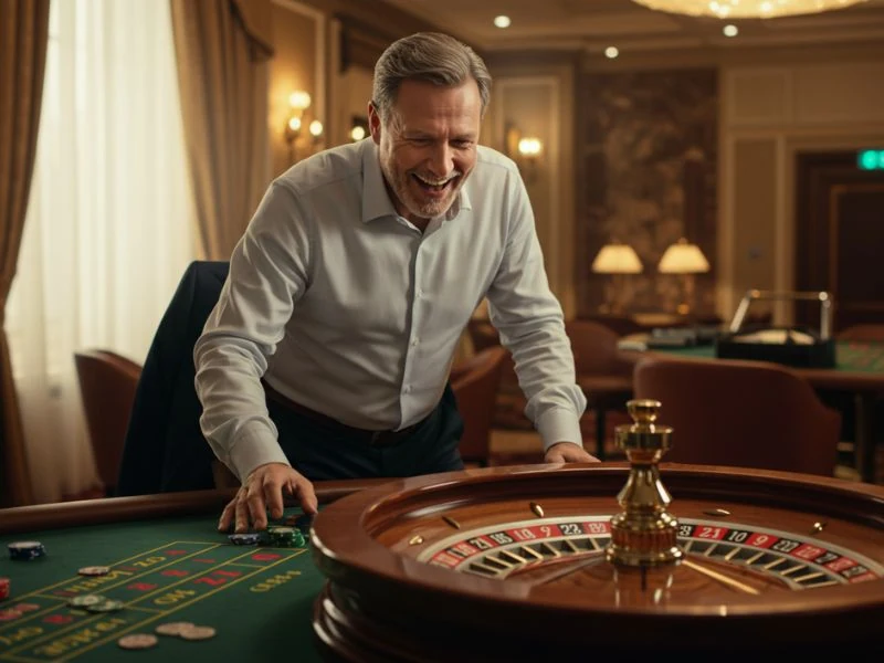 Happy man leaning forward watching the roulette wheel spin at Networld Hotel Spa and Casino.