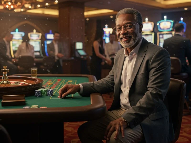 Happy man watching the roulette ball spin around the wheel at Networld Hotel Spa and Casino.