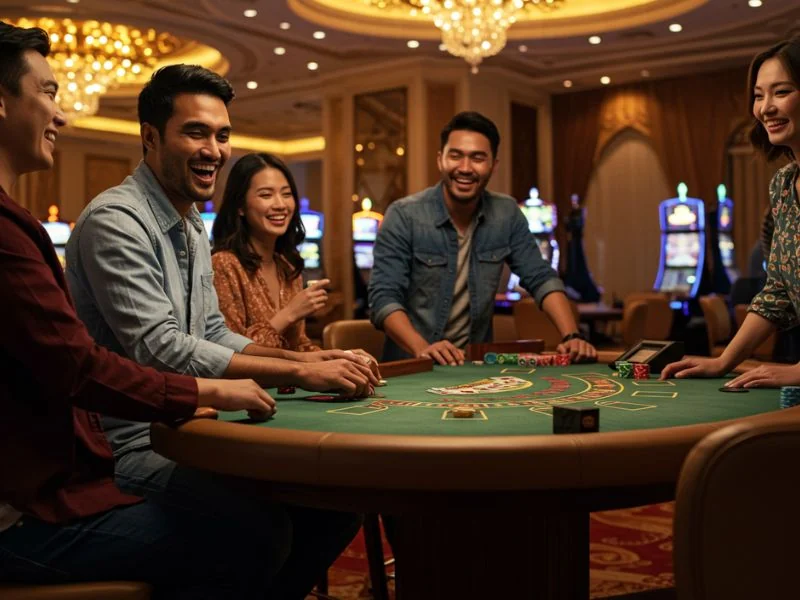 Happy friends enjoying casino games at Online Casino PayPal.