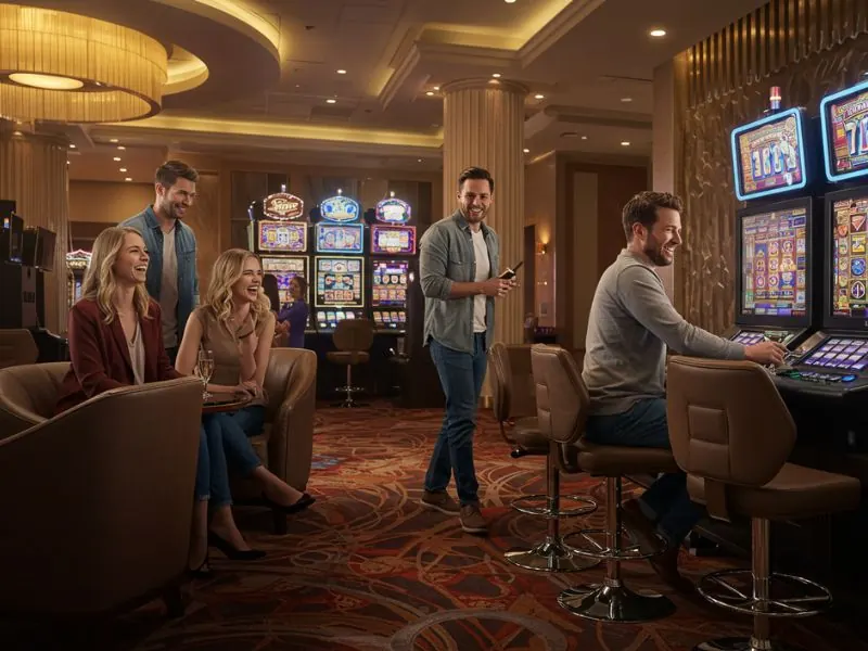 Happy friends enjoy playing slot games at Online Casino PayPal.